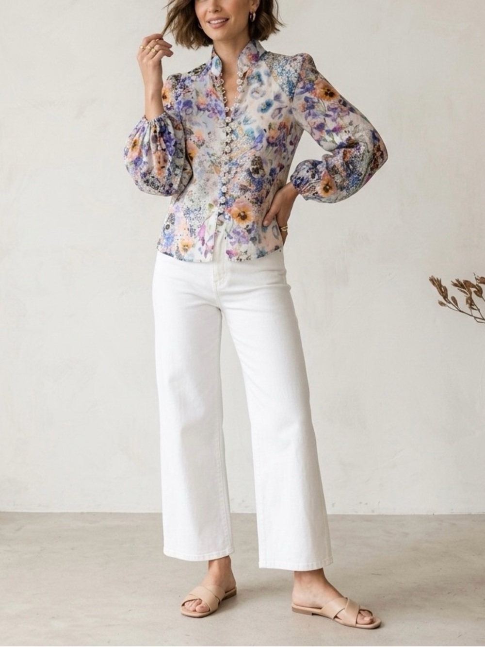 Zimmermann Petite Tama Ramie Pansy Floral Long Sleeve Sheer Blouse
